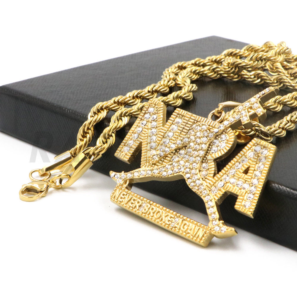 NBA Never Broke Again Iced Pendant Icy Charm Men's Women Icy 14k Gold Rope  Chain