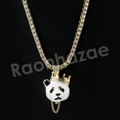 Micro Pave Iconic Cute Panda Pendant w/ 18" Tennis / 30" Cuban Chain - Raonhazae