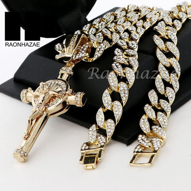 Men 14k Plated Jesus Cross Crucifix Pendant 30" Cuban Link Chain NN033G - Raonhazae