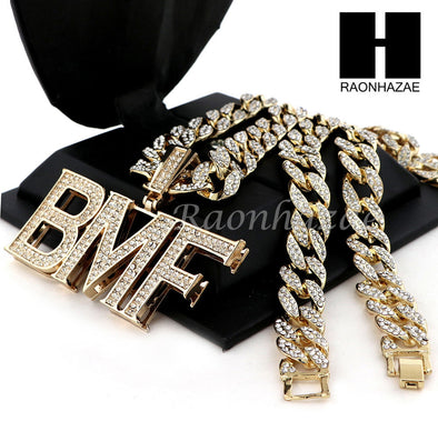 Mens Hip Hop 14k Plated BMF Pendant 30" Cuban Link Chain NN030G - Raonhazae