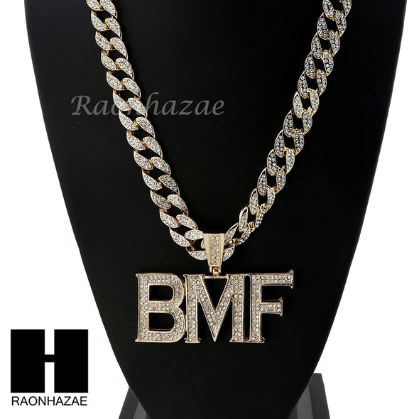 Mens Hip Hop 14k Plated BMF Pendant 30" Cuban Link Chain NN030G - Raonhazae