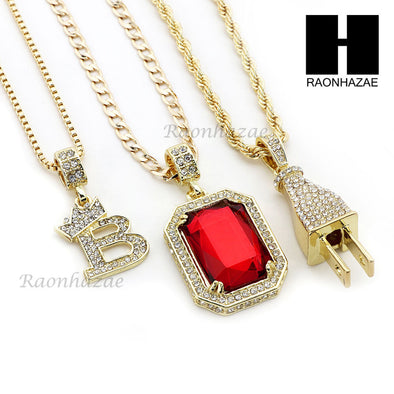 RUBY KING 'B' PLUG PENDANT 24" 30" ROPE BOX CUBAN CHAIN NECKLACE SET 10 - Raonhazae