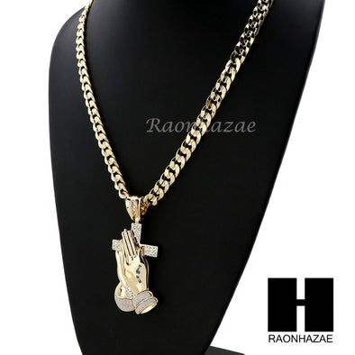 L PRAYING HANDS HOLDING CROSS PENDANT & DIAMOND CUT CUBAN LINK CHAIN 48 - Raonhazae