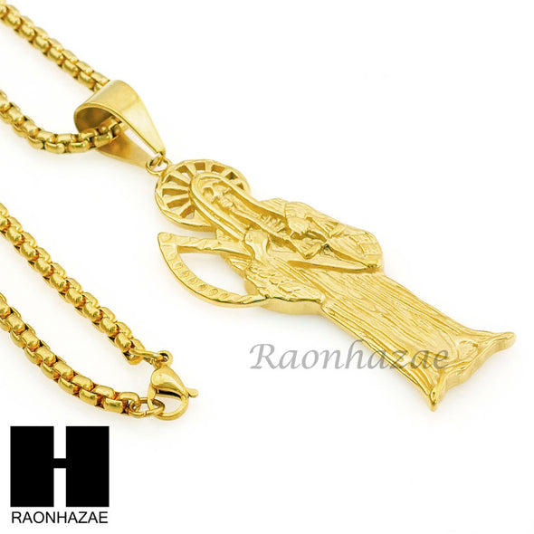 MEN 316L STAINLESS STEEL TALL SANTA MUERTE PENDANT W 24" BOX CHAIN NECKLACE S222 - Raonhazae