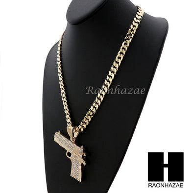 HIP HOP L HAND GUN PENDANT & DIAMOND CUT CUBAN LINK CHAIN NECKLACE NN44 - Raonhazae