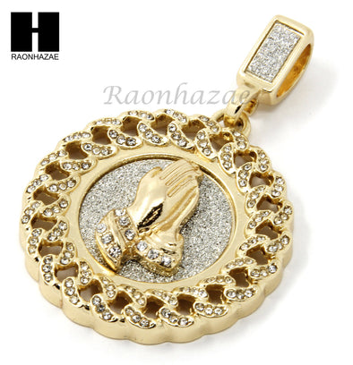 MENS HIP HOP GOLD PRAYING HANDS ROUND PENDANT 24" CUBAN NECKLACE N21 - Raonhazae