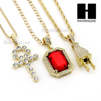 RUBY ANKH CROSS PENDANT 24" 30" ROPE BOX CUBAN CHAIN NECKLACE SET S04 - Raonhazae