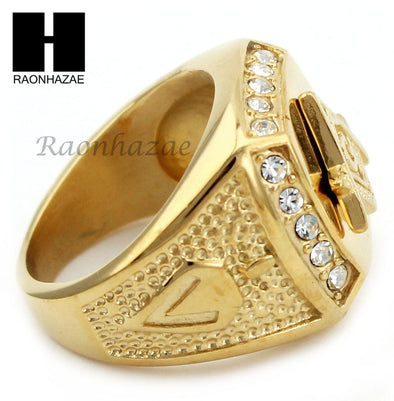 MEN 316L STAINLESS STEEL FREEMASON MASONIC GOLD TONE CUBIC RING 8-12 SR034CL - Raonhazae