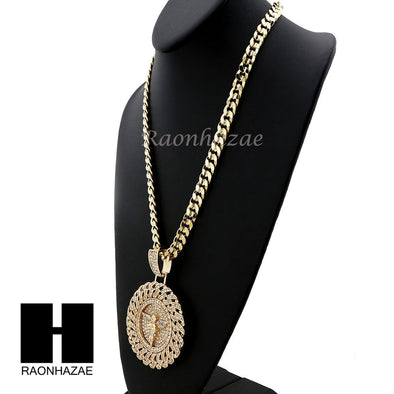 L ANGEL ROUND PENDANT & DIAMOND CUT CUBAN LINK CHAIN NECKLACE NN54 - Raonhazae