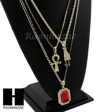 RUBY ANKH PLUG PENDANT 24" 30" ROPE BOX CUBAN CHAIN NECKLACE SET S07 - Raonhazae