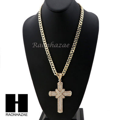 MENS LARGE CROSS PENDANT & DIAMOND CUT CUBAN LINK CHAIN NECKLACE N58 - Raonhazae