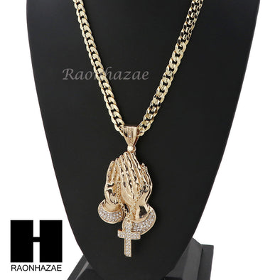 L PRAYING HANDS PENDANT & DIAMOND CUT CUBAN LINK CHAIN NECKLACE NN53 - Raonhazae