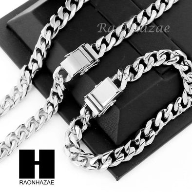 Stainless steel White Gold Heavy 10mm Miami Cuban Link Chain Necklace Bracelet 4 - Raonhazae