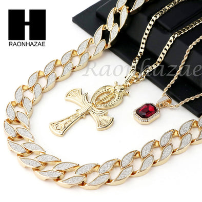 RUBY ANKH CROSS PENDANT 24" 30" CUBAN LINK ROPE CUBAN NECKLACE SET D017 - Raonhazae