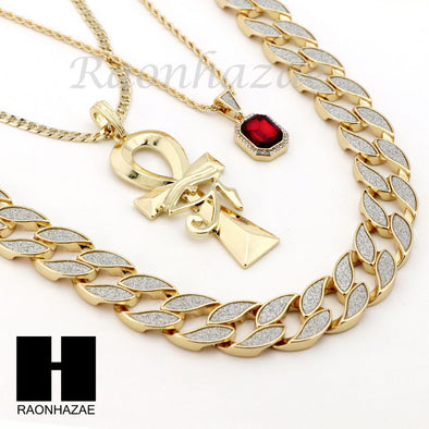 RUBY EYE OF HERU ANKH PENDANT CUBAN LINK ROPE CUBAN NECKLACE SET D015 - Raonhazae