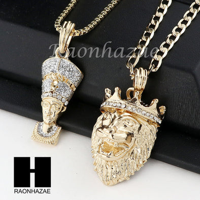 MEN QUEEN NEFERTITI & KING LION PENDANT BOX CUBAN CHAIN DOUBLE NECKLACE SET SD02 - Raonhazae