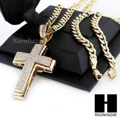 MENS LARGE CROSS PENDANT & DIAMOND CUT CUBAN LINK CHAIN NECKLACE NN50 - Raonhazae