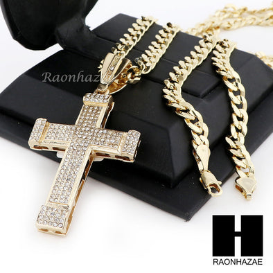 MENS LARGE CROSS PENDANT & DIAMOND CUT CUBAN LINK CHAIN NECKLACE N46 - Raonhazae