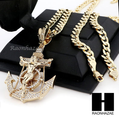 L ANCHOR JESUS CRUCIFIX PENDANT & DIAMOND CUT CUBAN LINK CHAIN NN49 - Raonhazae