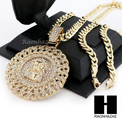 L JESUS FACE ROUND PENDANT & DIAMOND CUT CUBAN LINK CHAIN NECKLACE NN55 - Raonhazae