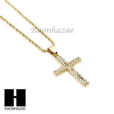 MENS GOLD SILVER MINI CROSS CZ PENDANT 24" ROPE CHAIN NECKLACE SET SC18 - Raonhazae