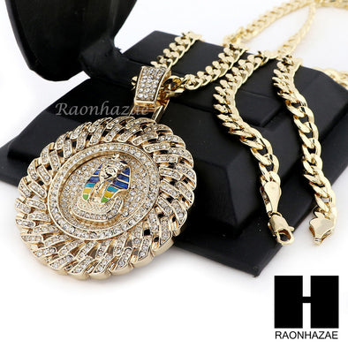 L PHARAOH ROUND PENDANT & DIAMOND CUT CUBAN LINK CHAIN NECKLACE NN51 - Raonhazae